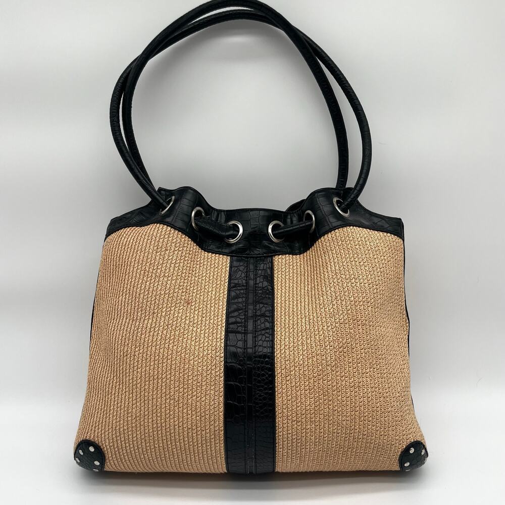 Paper Straw, Faux Leather & Studded Shoulder Bag - Picture 5 of 11